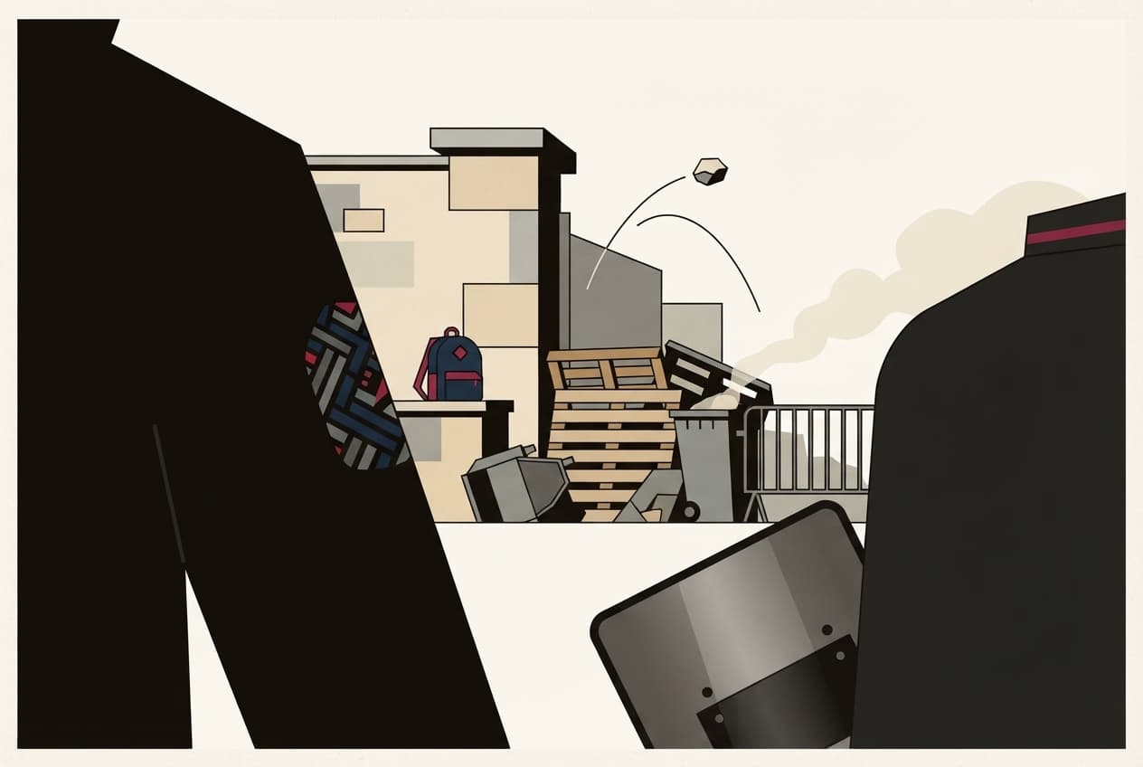 Illustration plate : projectile, barricade, bouclier, sac à dos, mur de lycée, fumée